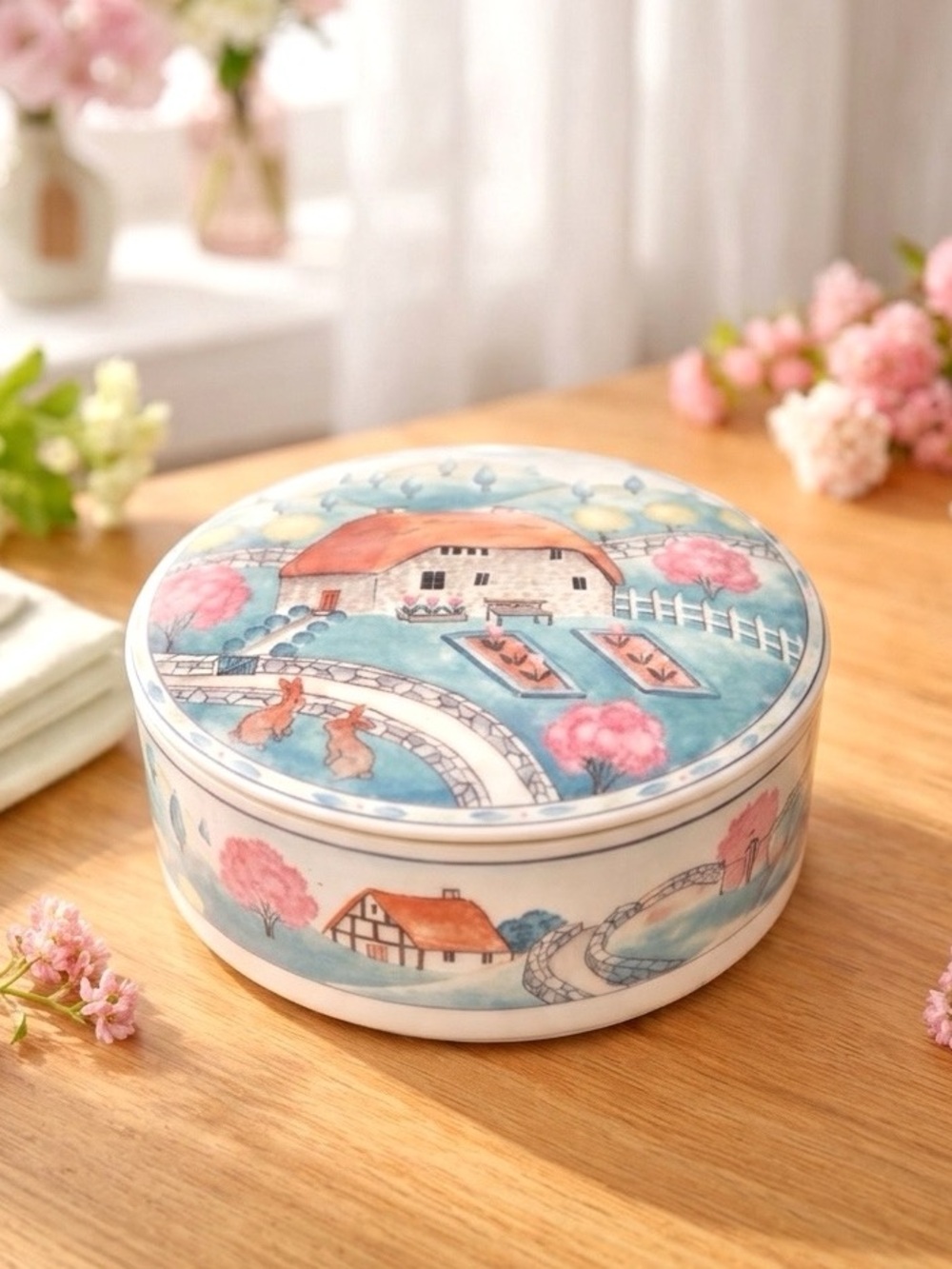 Studio Nova Seasons Spring Trinket Box Cottage Farm Countryside Vtg 80s Japan